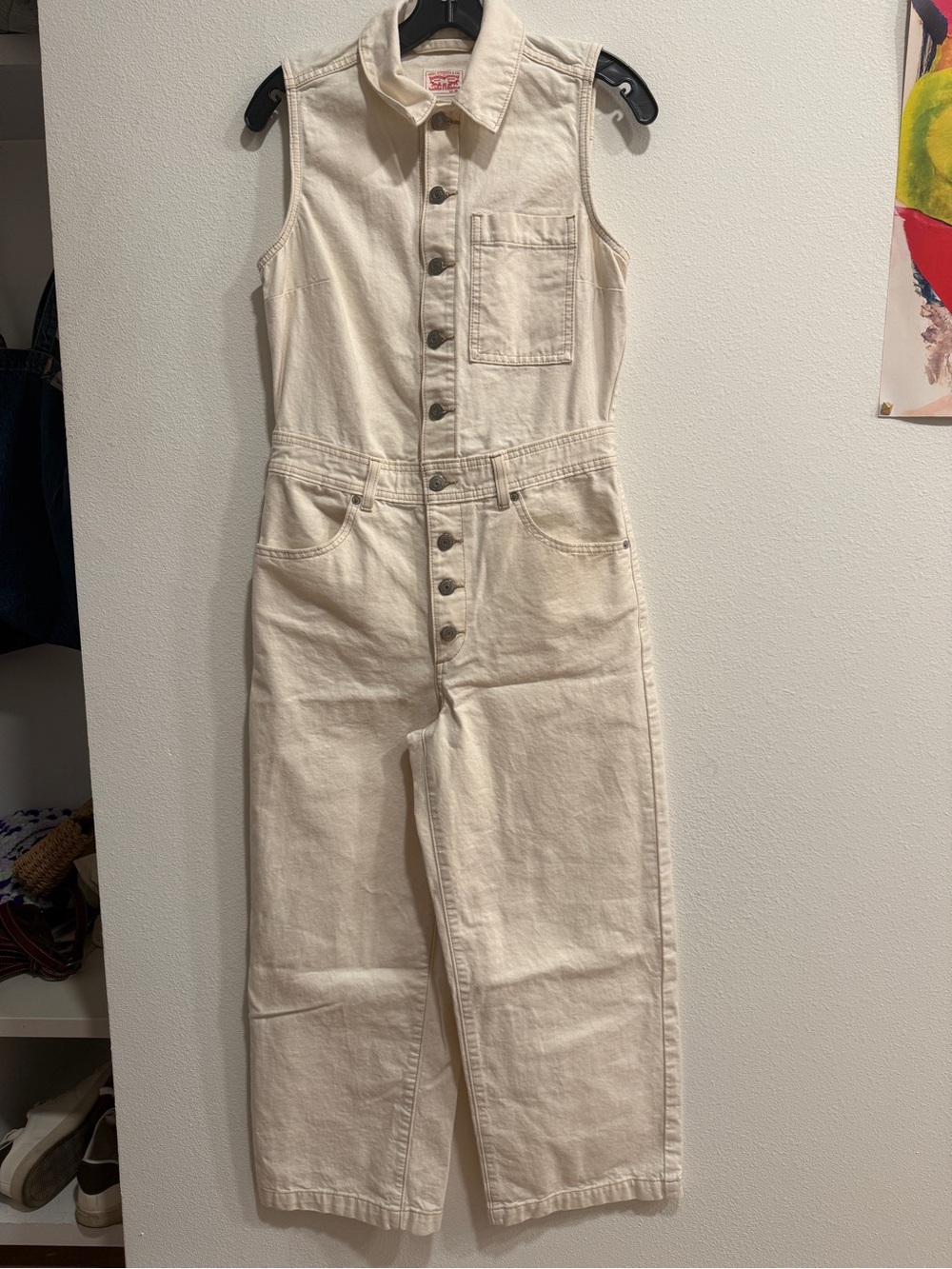 Levi's Sleeveless Cream / Ecru Button-Front Denim Jumpsuit